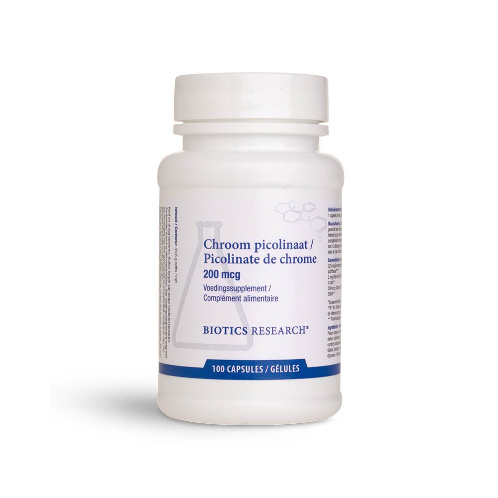 Witte fles met schroefdop. Label: Chrom picolinaat/Picolinate de chrome 200 mcg. Merk: BIOTICS RESEARCH.