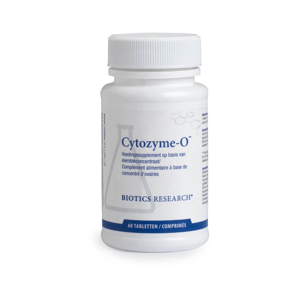 Witte fles met etiket. Tekst: Cytozyme-O, Biotics Research. Opdruk: 60 tabletten. Witte achtergrond.