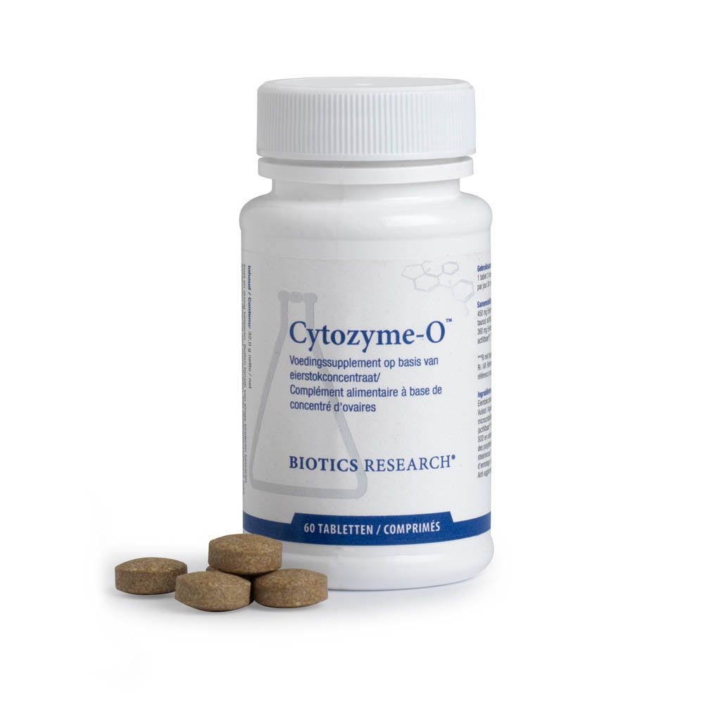 Witte fles met etiket. Tekst: Cytozyme-O, Biotics Research. Opdruk: 60 tabletten. Tabletten ernaast.