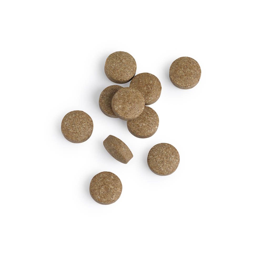 Ronde, bruine tabletten op witte achtergrond. Geen verpakking zichtbaar.