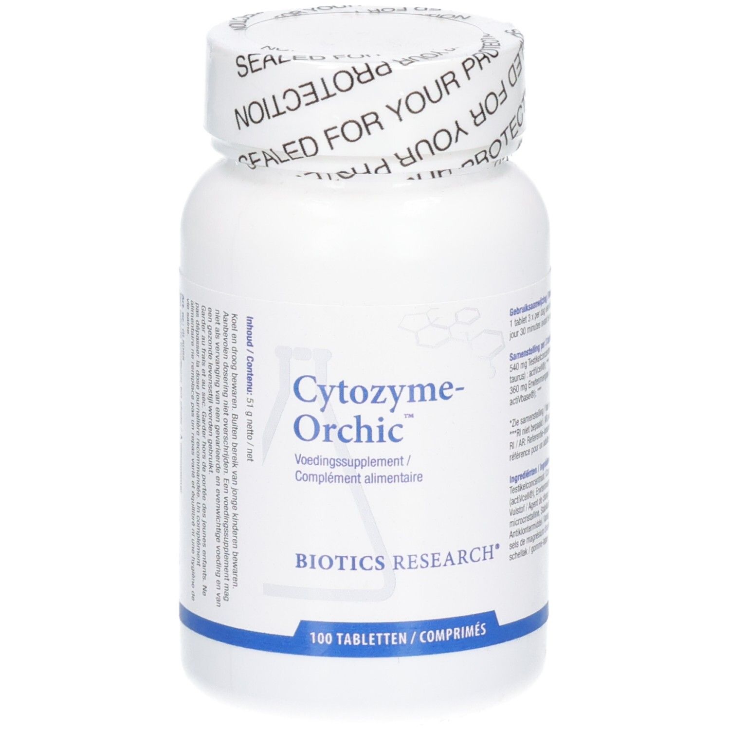 Witte fles met Cytozyme-Orchic etiket. Bevat 100 tabletten. Biotics Research logo.