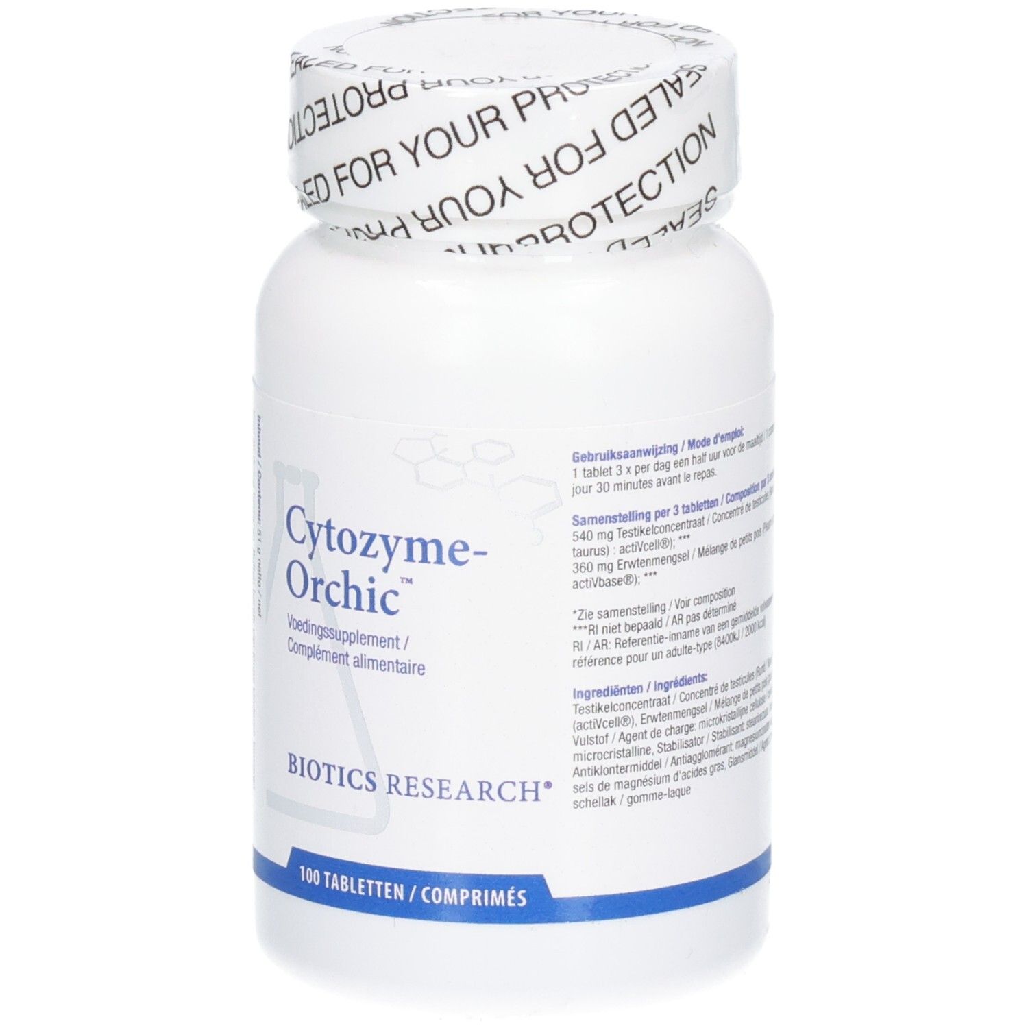 Witte fles met Cytozyme-Orchic etiket. Bevat 100 tabletten. Biotics Research logo.