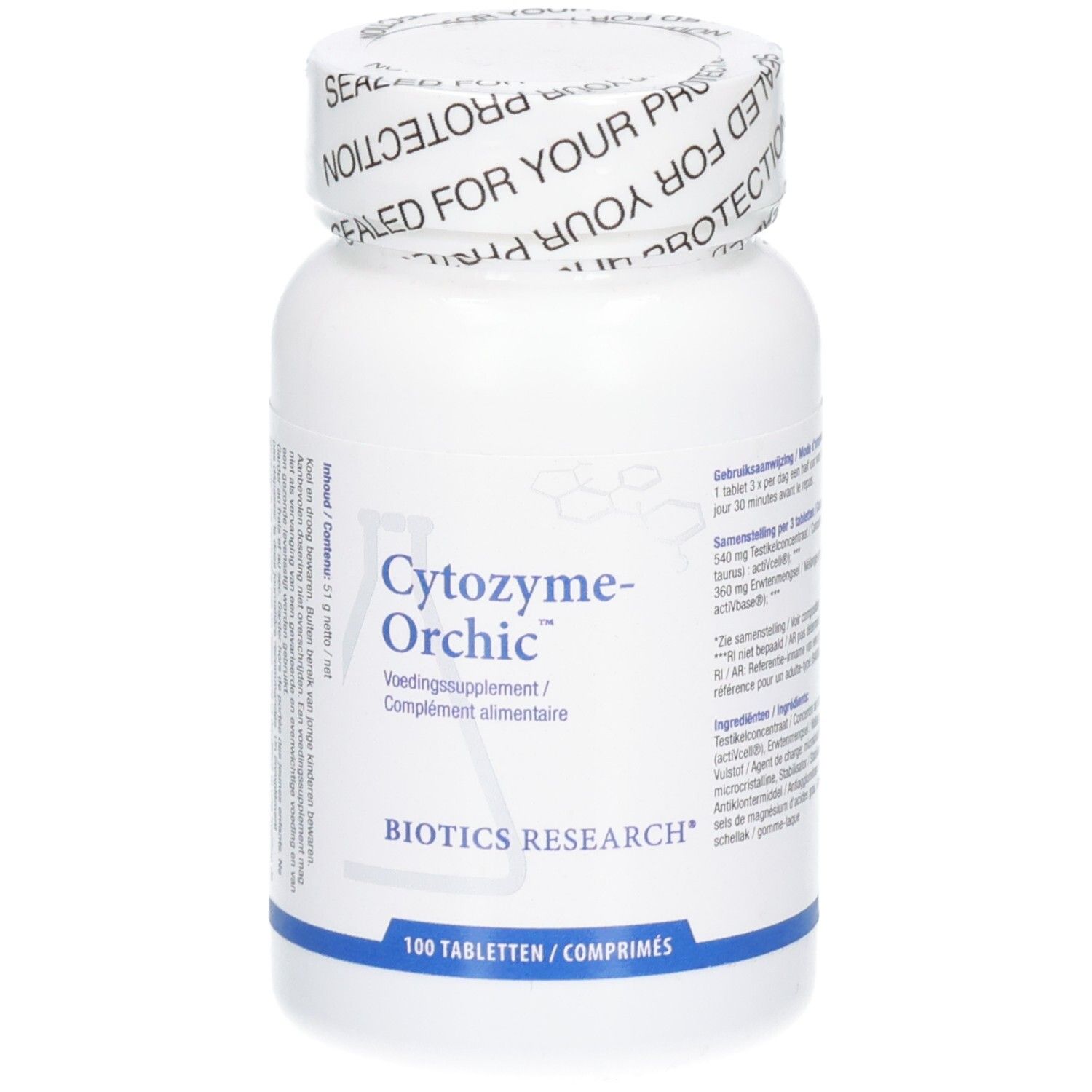 Witte fles met Cytozyme-Orchic etiket. Bevat 100 tabletten. Biotics Research logo.