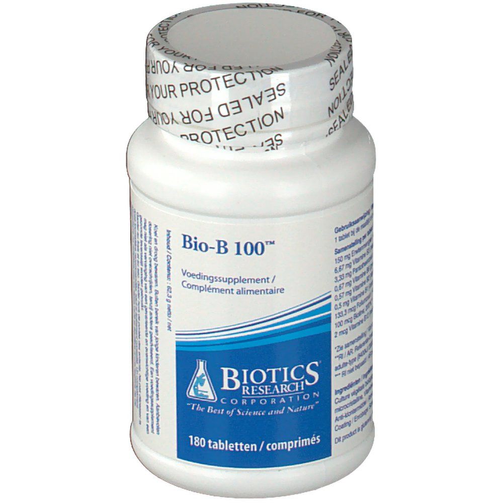 Witte tablettenfles met opschrift Bio-B 100. Blauwe en witte etiketten met tekst. 180 tabletten.