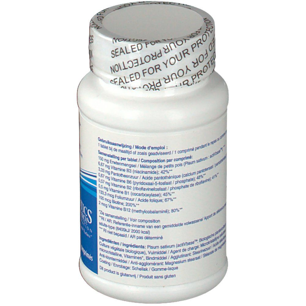 Achterkant van de witte tablettenfles. Tekst op blauw en wit etiket. Bevat ingrediënten en dosering.