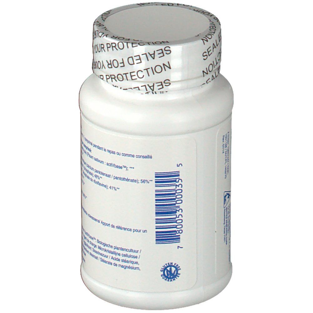 Achterkant van de witte tablettenfles. Tekst op blauw en wit etiket. Barcode en logo.