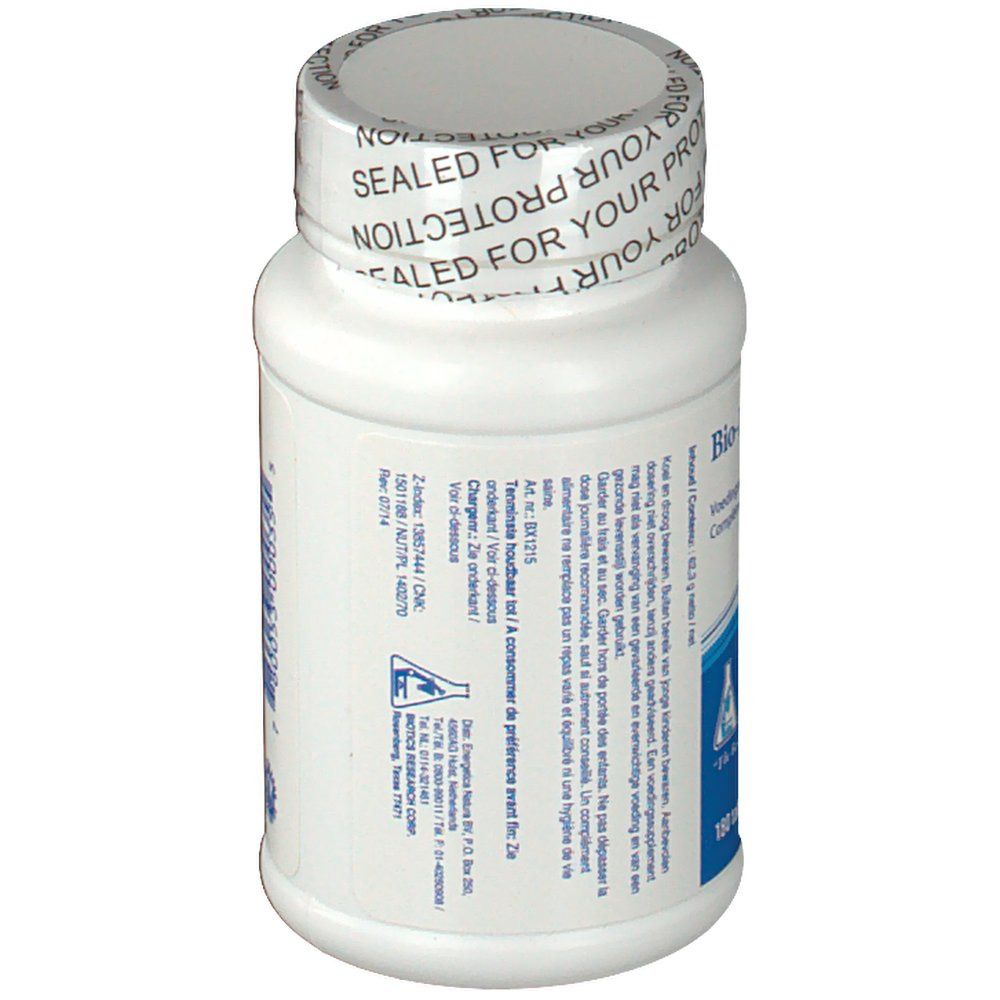 Witte tablettenfles met tekst op blauw en wit etiket. Fabrikantinformatie en logo.