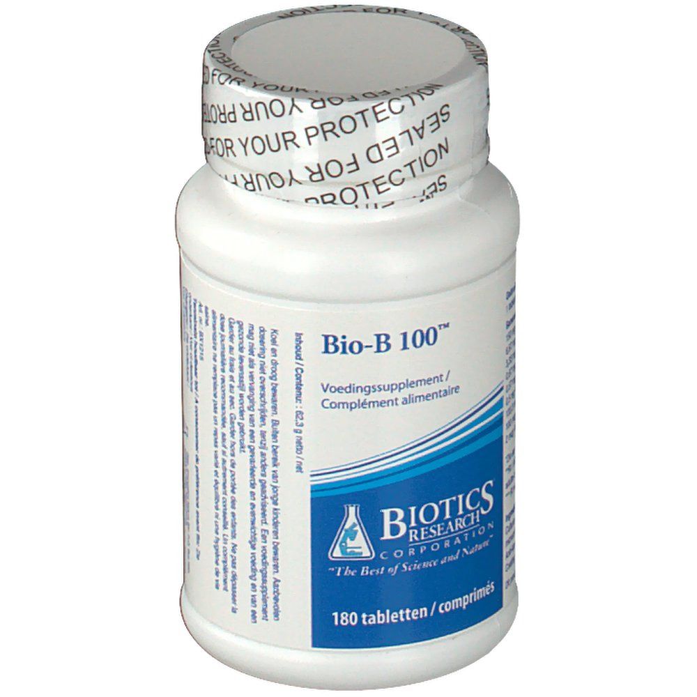 Witte tablettenfles met opschrift Bio-B 100. Blauwe en witte etiketten met tekst. 180 tabletten.