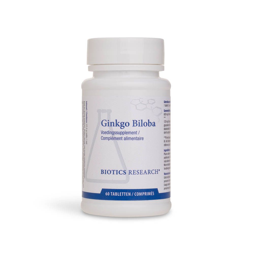 Flacon blanc de Ginkgo Biloba. Inscription: BIOTICS RESEARCH, 60 comprimés. Texte en allemand.