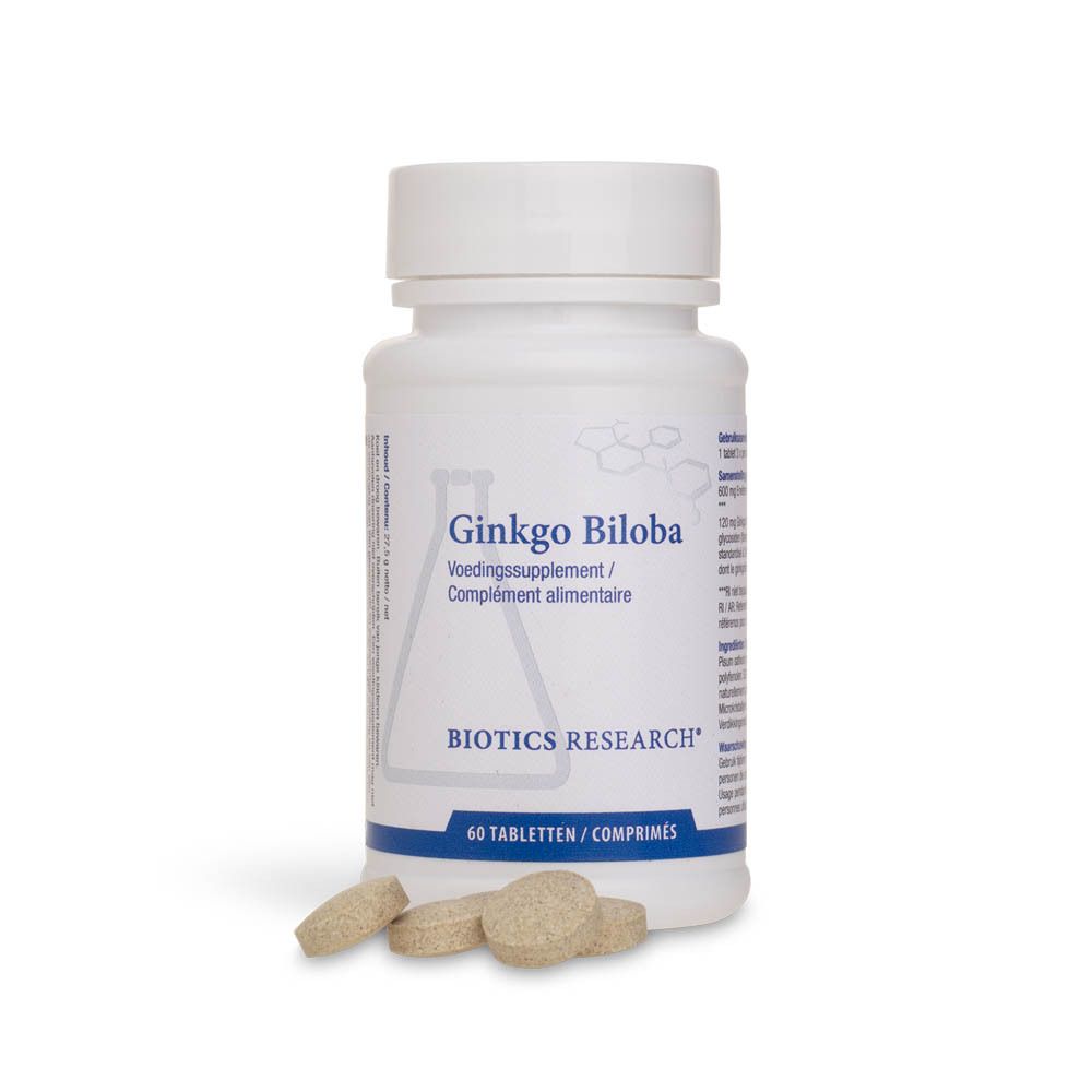 Witte fles met Ginkgo Biloba. Opschrift: BIOTICS RESEARCH, 60 tabletten. Tabletten ernaast.