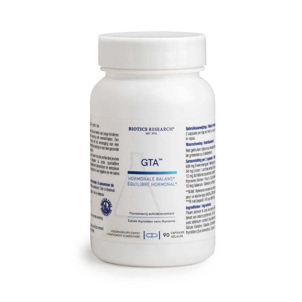 Flacon blanc de GTA™. HORMONALE BALANS. Complément alimentaire. Inscription: 90 capsules. Marque BIOTICS RESEARCH.