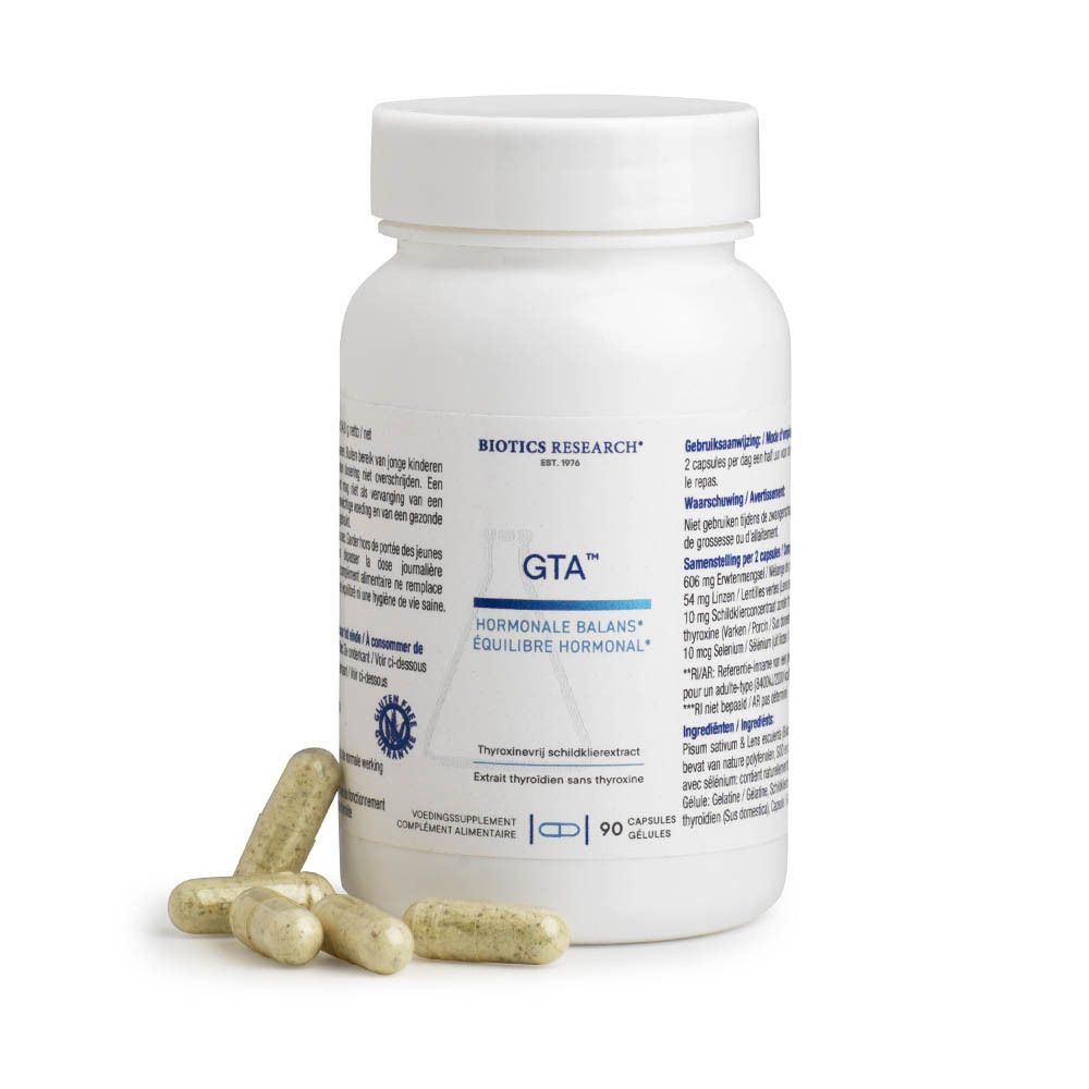Flacon blanc de GTA™ avec gélules et gélules à côté. Inscription: HORMONALE BALANS/ÉQUILIBRE HORMONAL, BIOTICS RESEARCH.