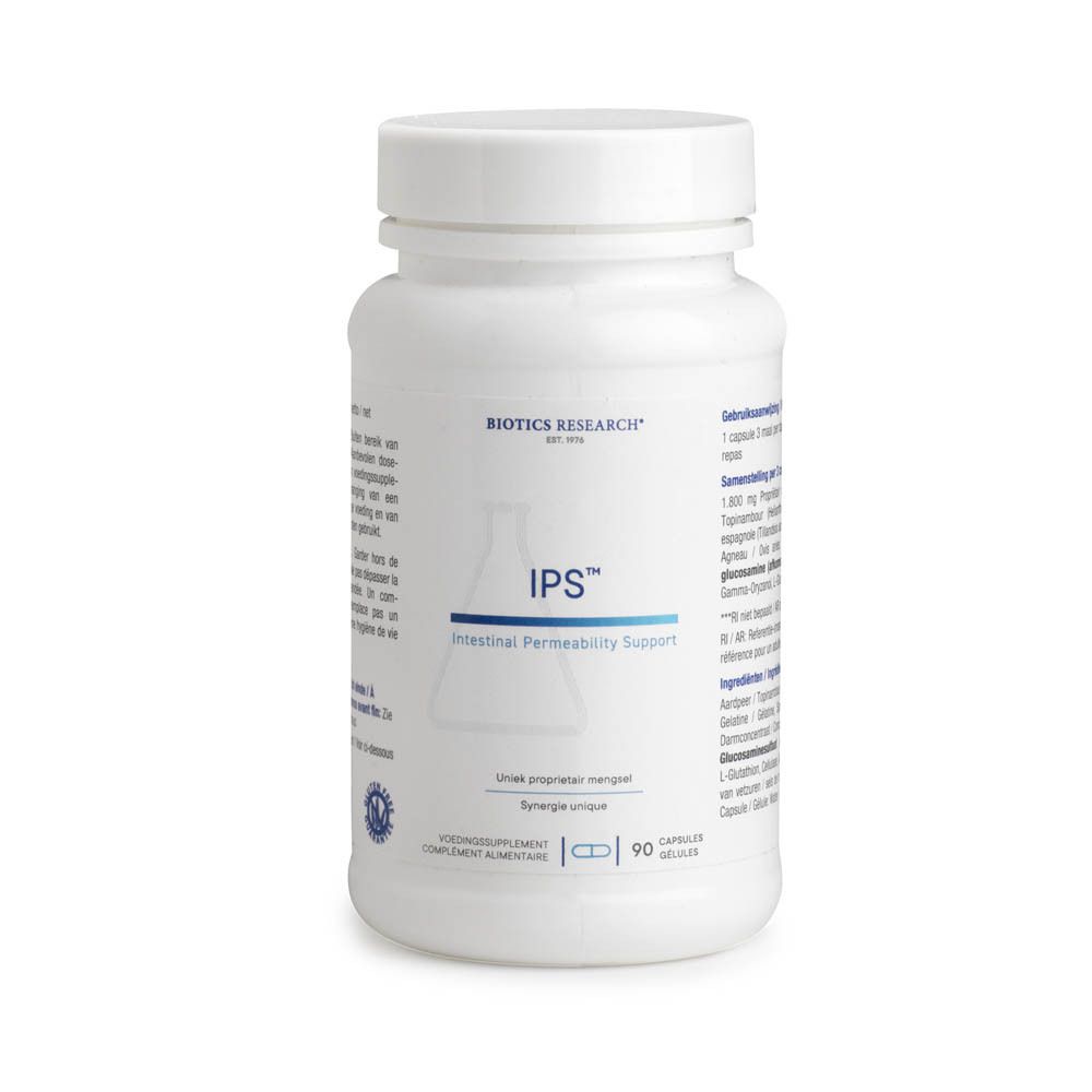 Witte fles met capsules. Opschrift IPS, Intestinal Permeability Support. 90 capsules. BIOTICS RESEARCH.