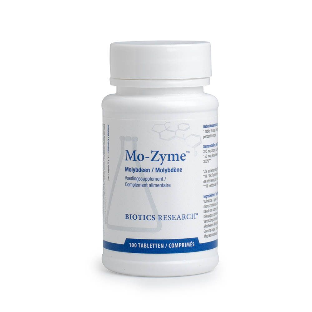 Witte fles met Mo-Zyme tabletten. Opschrift: BIOTICS RESEARCH, Mo-Zyme, 100 tabletten. Zegel.