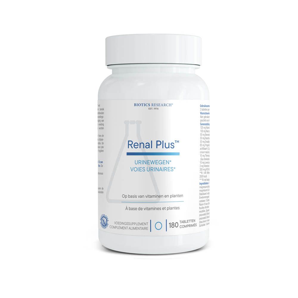Witte fles met Renal Plus Biotics voedingssupplementen voor urinewegen. Bevat 180 tabletten.