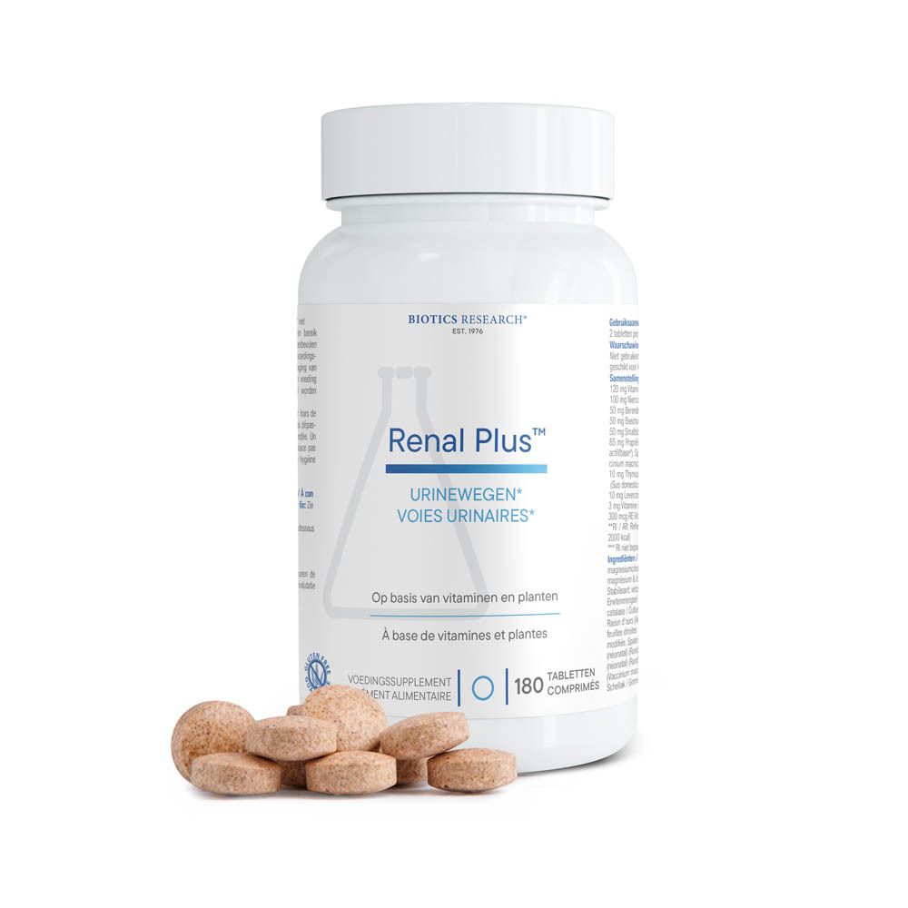 Witte fles met Renal Plus Biotics voedingssupplementen voor urinewegen en enkele tabletten ervoor. Bevat 180 tabletten.