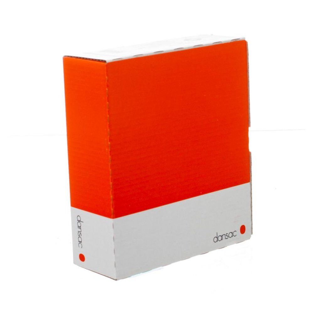 Oranje en witte kartonnen doos. Opschrift "dansac" en rode stip.