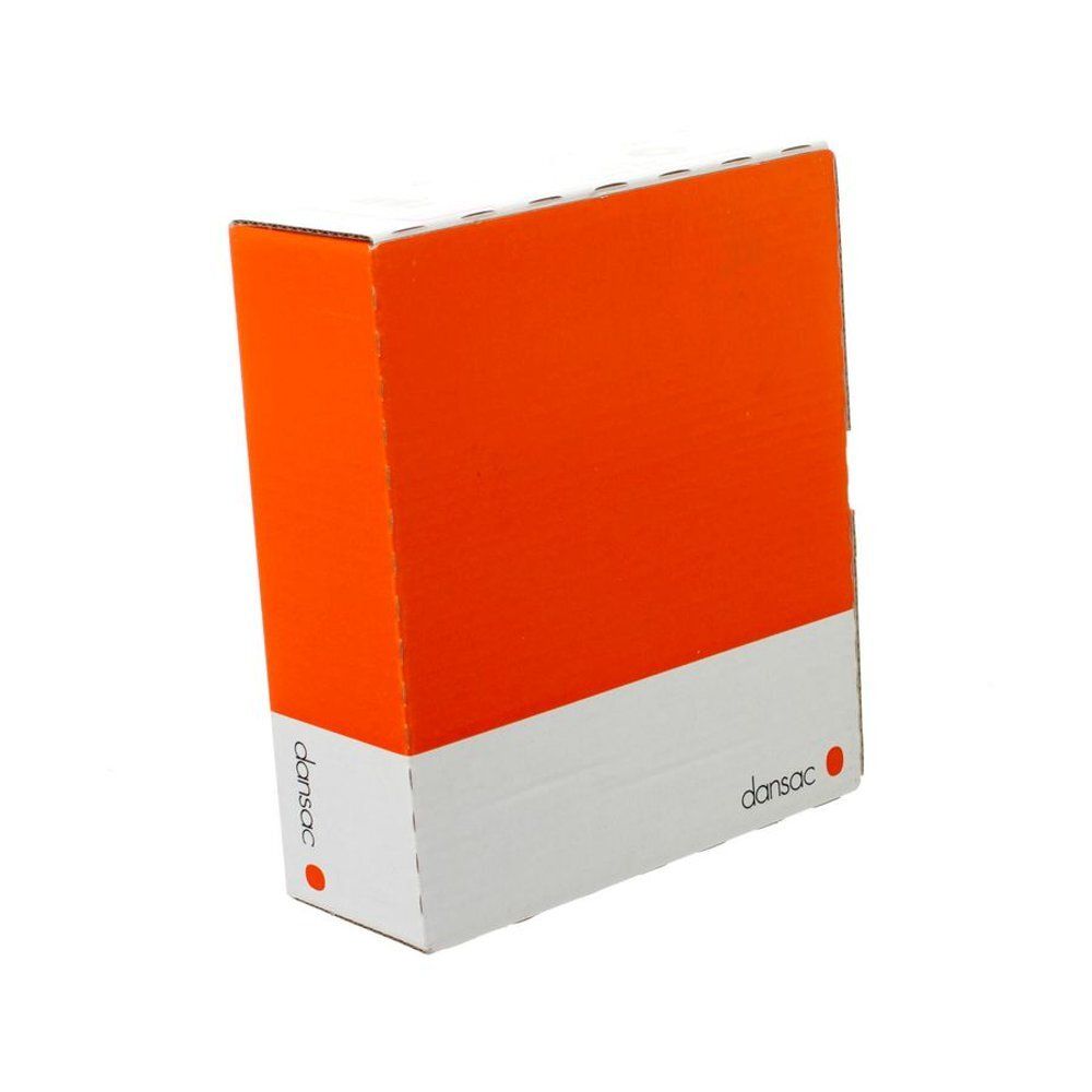 Boîte en carton orange et blanche. "dansac" et point rouge.