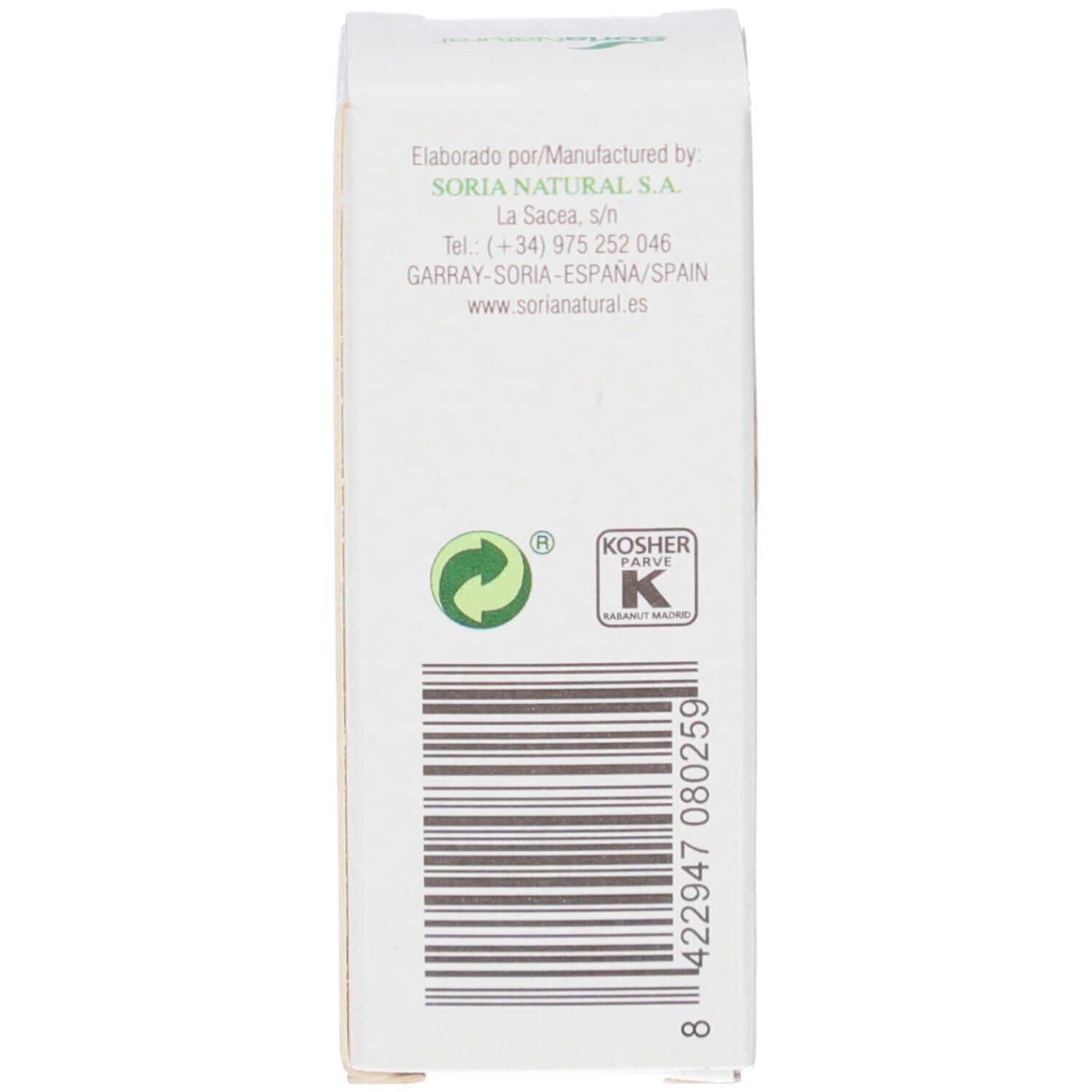 Dos de la boîte blanche. Code-barres, symbole de recyclage et certification casher.