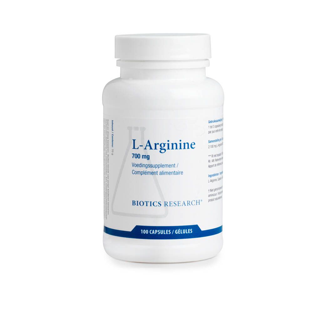 Flacon blanc de L-Arginine 700 mg. Inscription Biotics Research. 100 gélules. Couvercle.