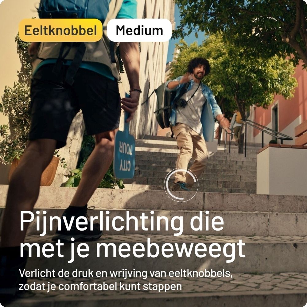 Twee mensen lopen een trap af. Tekst: Pijnverlichting die met je meebeweegt.