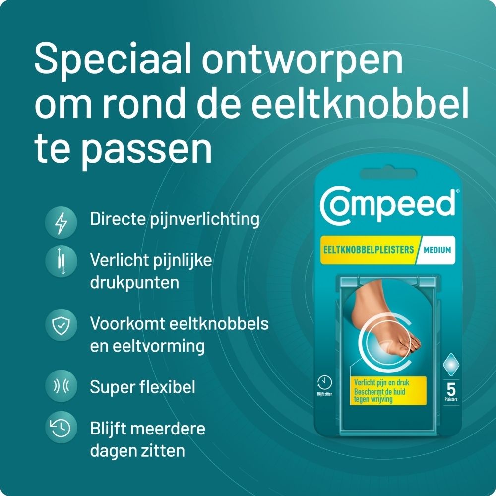 Compeed® Eeltknoppelpleisters. Tekst: Speciaal ontworpen om rond de eeltknobbel te passen. 5 pleisters.