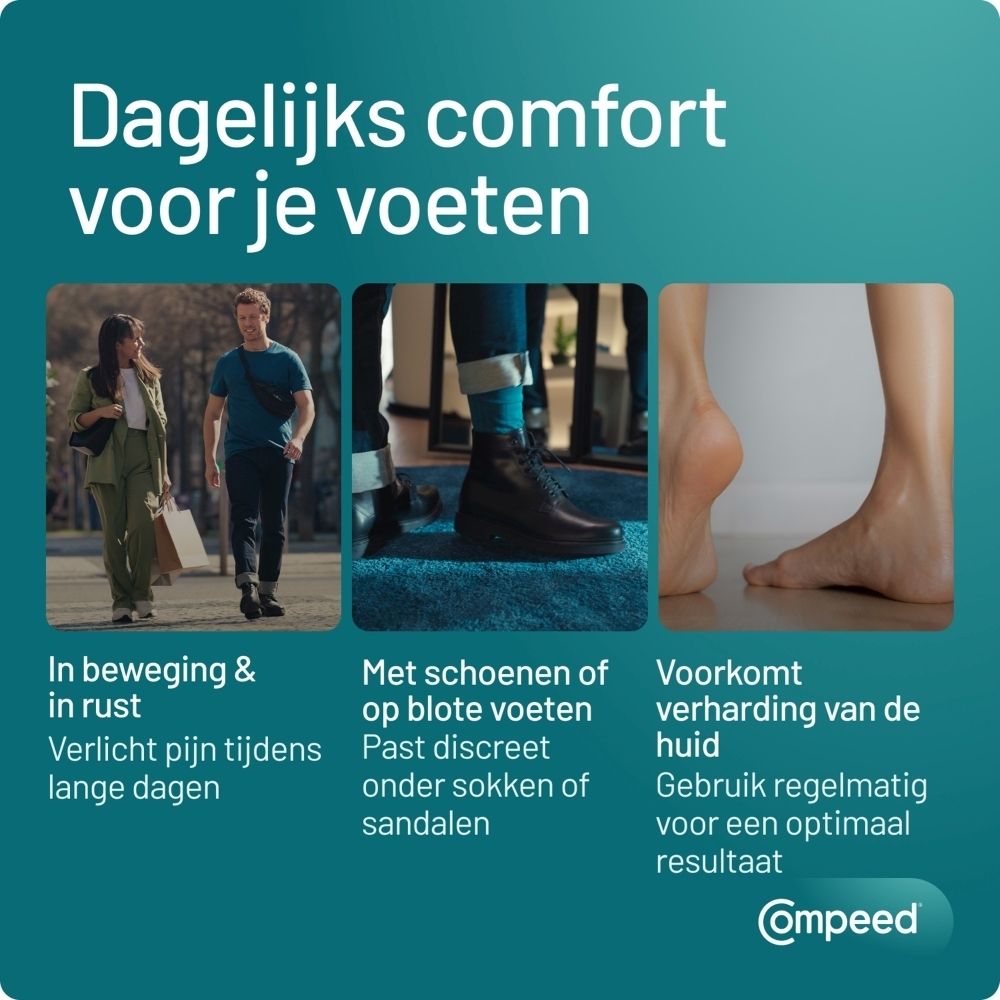 Drie afbeeldingen tonen voeten in verschillende situaties. Tekst: Dagelijks comfort voor je voeten.