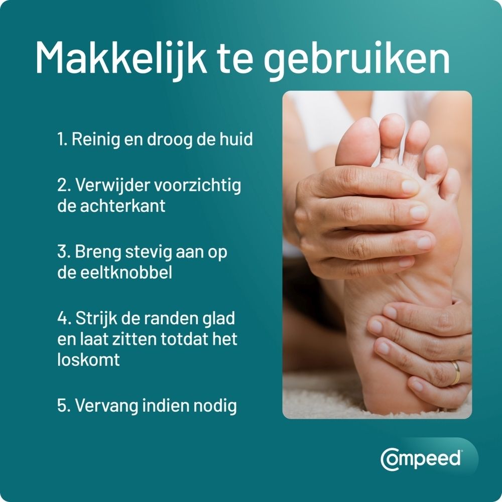 Voet met pleister. Tekst: Makkelijk te gebruiken. Stappen: Reinigen, verwijderen, aanbrengen, gladstrijken, vervangen.