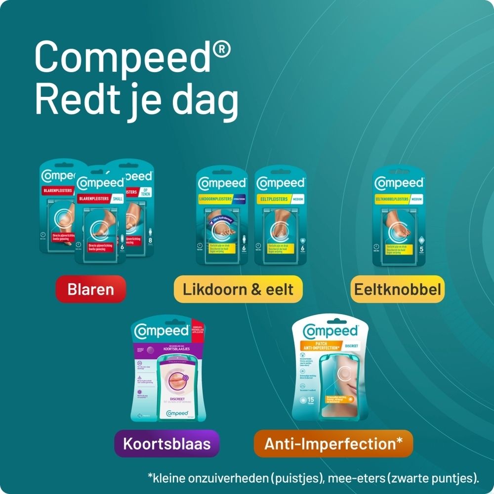 Compeed® producten. Verschillende verpakkingen: Blaren, likdoorns, koortslip, anti-imperfecties.