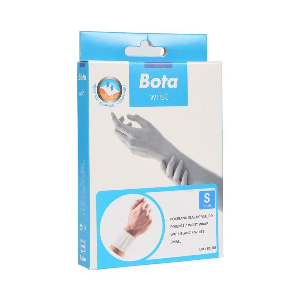 Bota polsbrace in een witte doos. Op de doos staat 'Bota wrist' en 'S'.