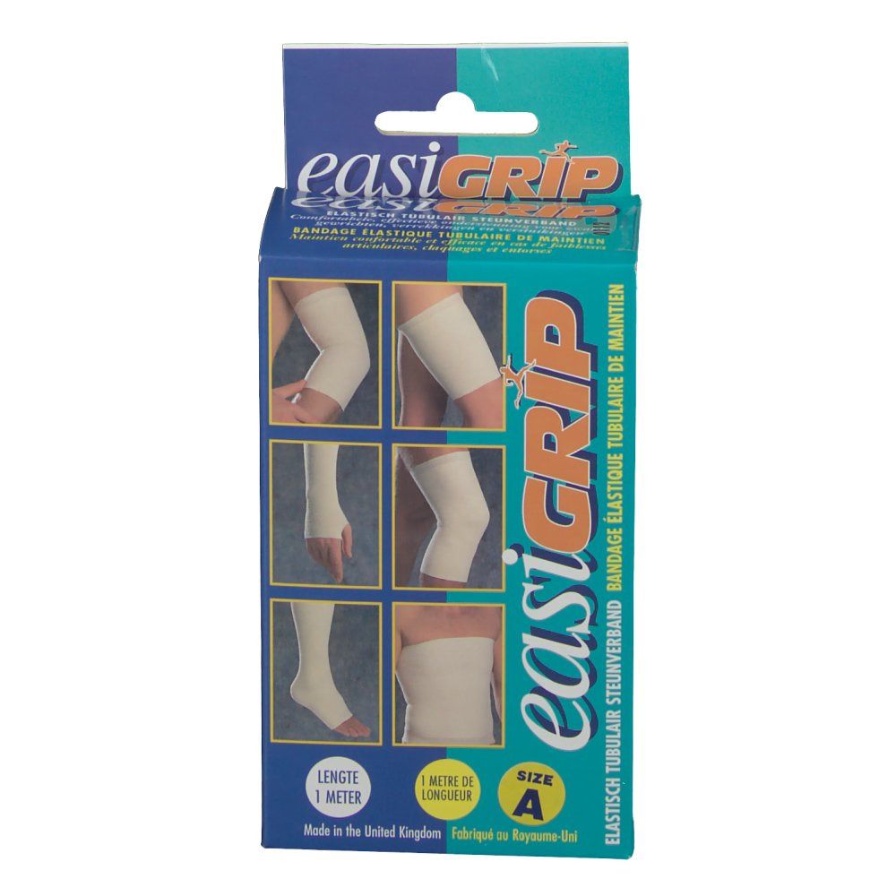 Vooraanzicht van de Easigrip-verpakking. Illustraties van toepassing op verschillende lichaamsdelen. Maat A, 1 meter.
