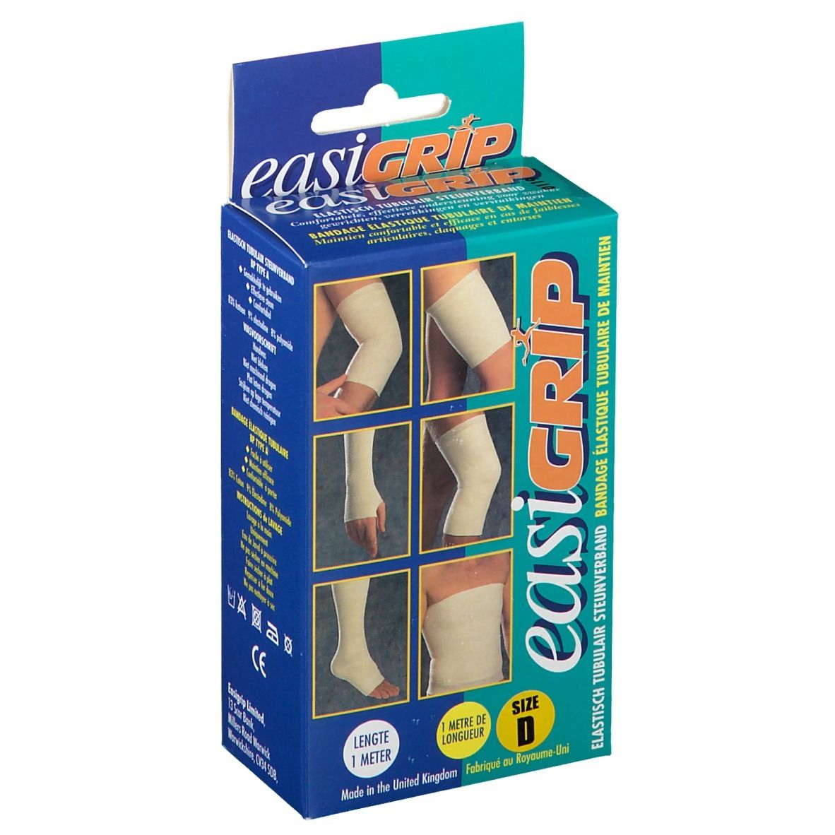 Verpakking van Easigrip Elast Wit D. Toont bandage-toepassingen op been, arm en voet. Maat D, 1 meter.