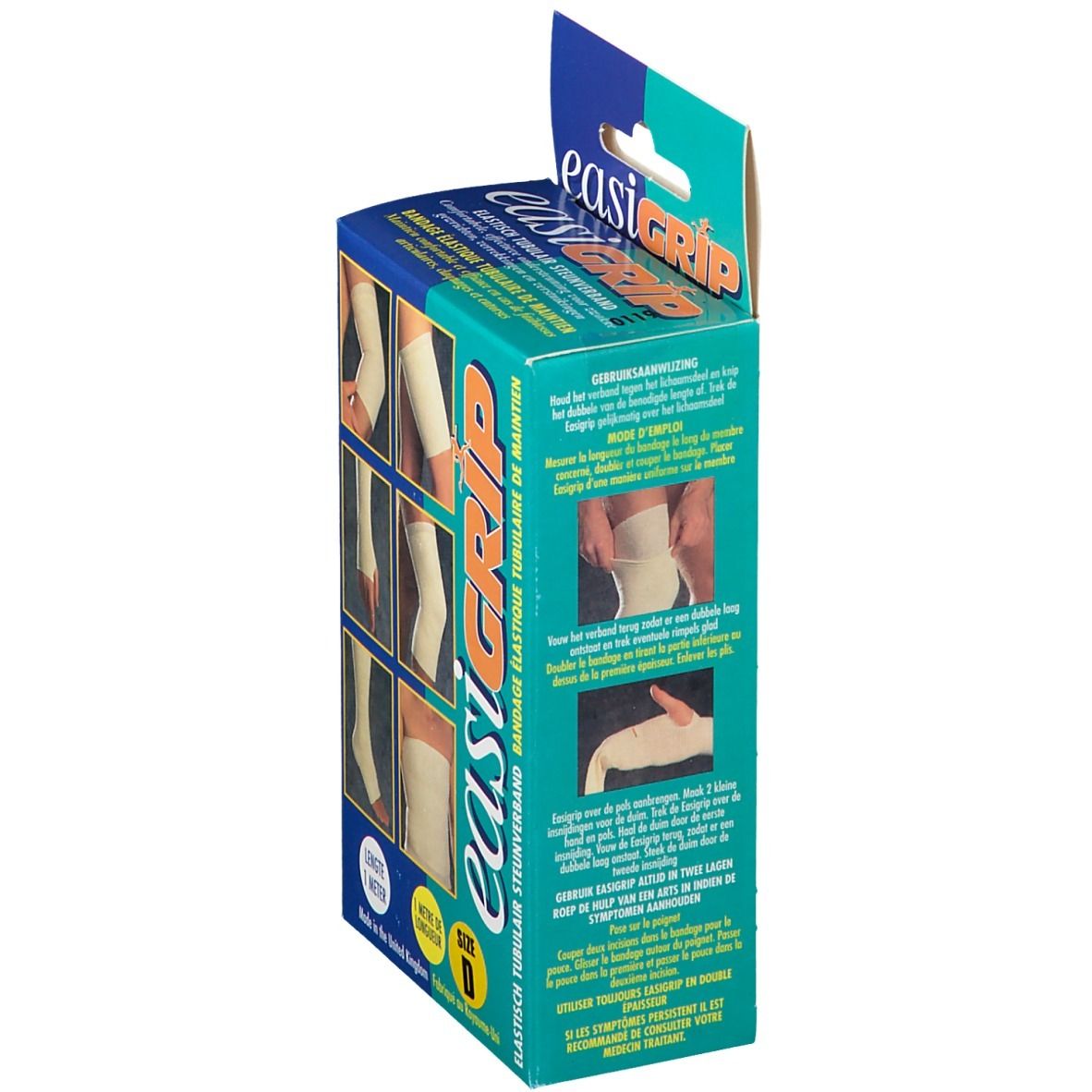 Achterkant van de Easigrip-verpakking. Toont toepassingsvoorbeelden en gebruiksaanwijzingen. Tekst in meerdere talen.