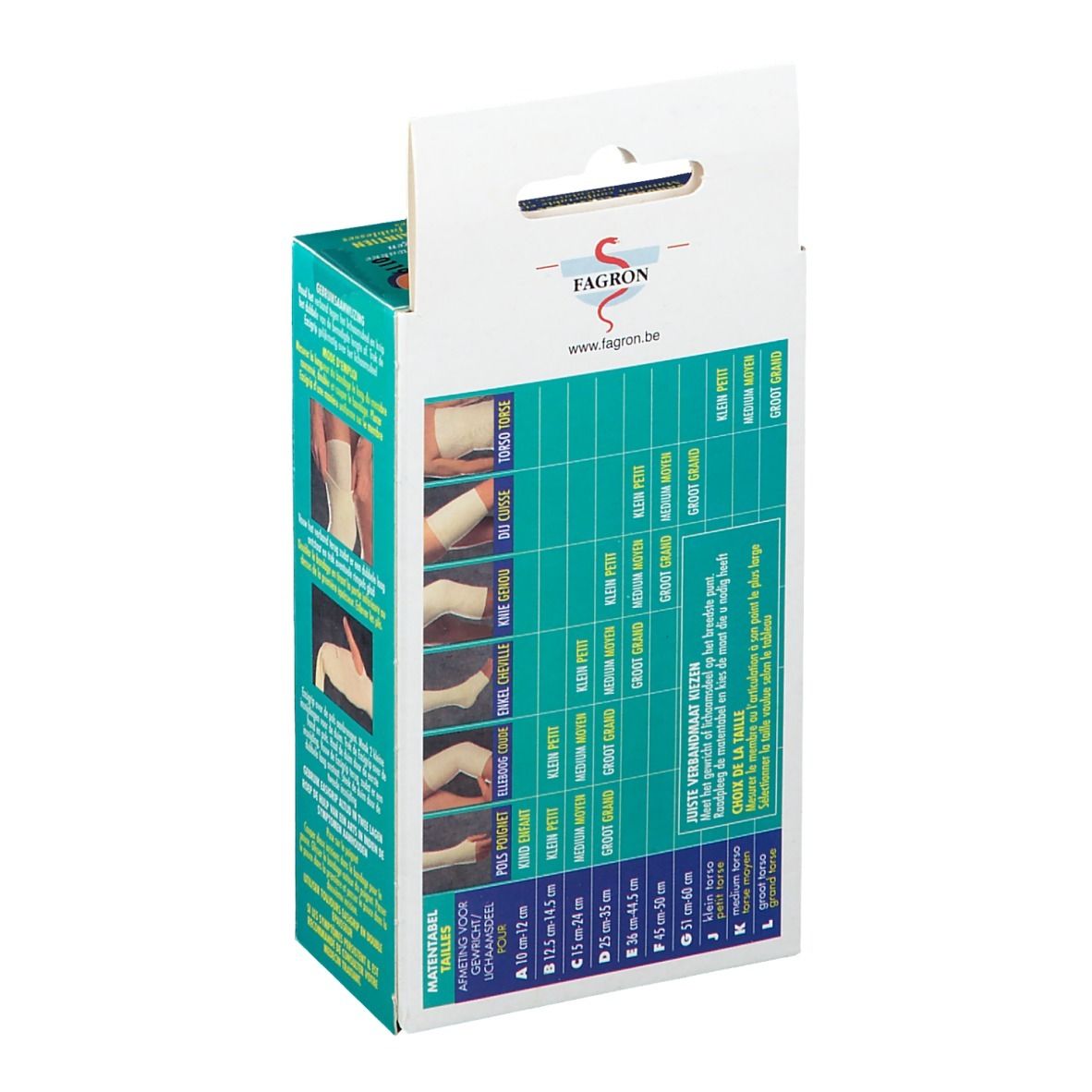 Achterkant van de Easigrip-verpakking. Maattabel voor bandages. Merk Fagron. Tekst in meerdere talen.