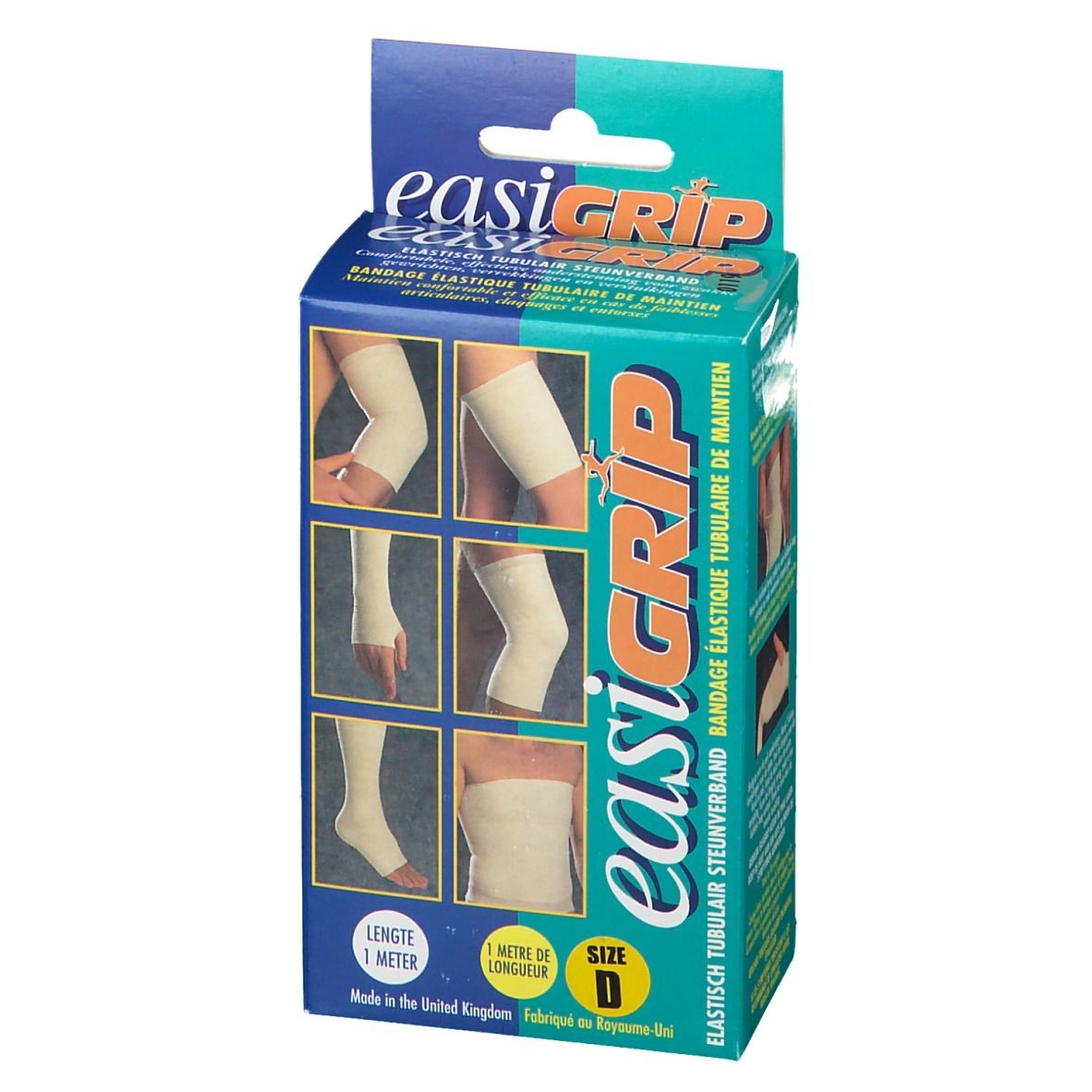 Voorkant van de Easigrip-verpakking. Toont bandage-toepassingen op been, arm en voet. Maat D, 1 meter.