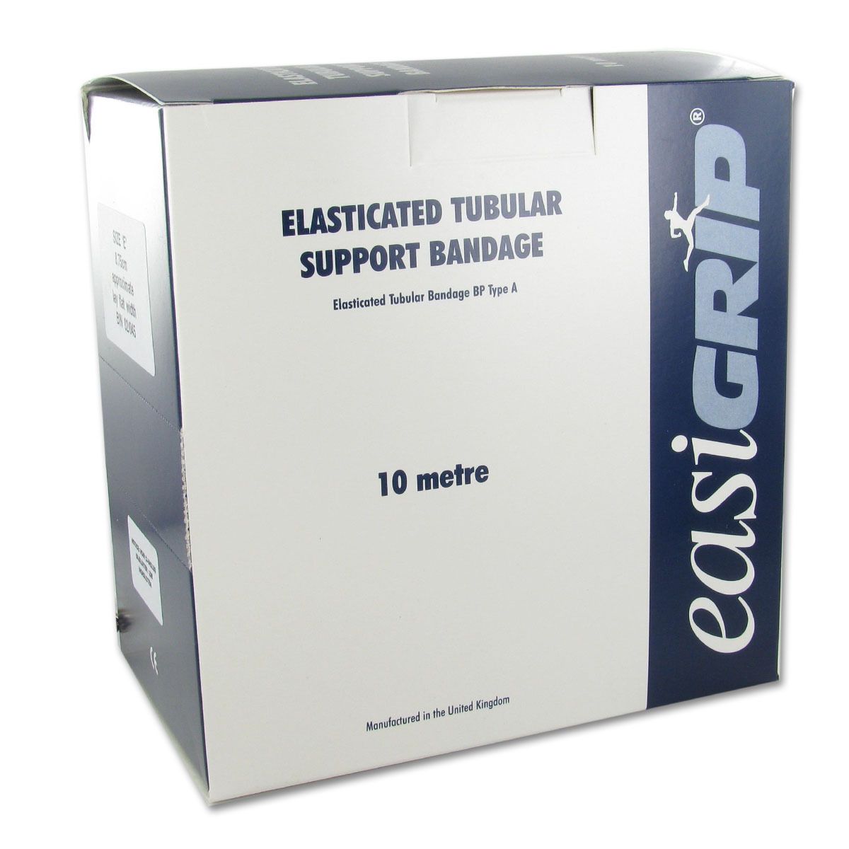 Doos elastisch buisverband. Opschrift: Elastisch buisverband, 10 meter. Merk Easigrip.
