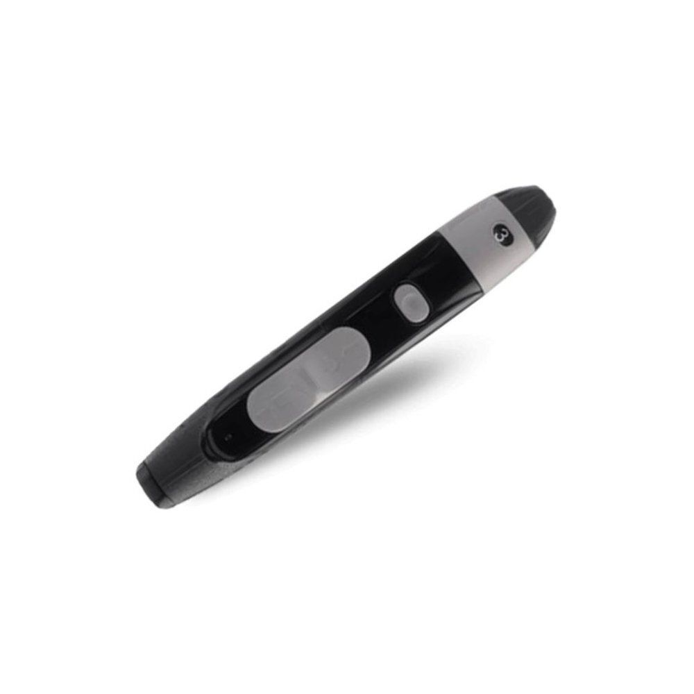 Zwart, langwerpig apparaat met grijze knop en zilveren uiteinde. Een ander grijs element in het midden. Op witte achtergrond.