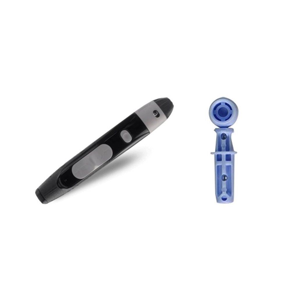 Appareil noir et allongé à côté d'une lancette bleu clair. Les deux sur fond blanc.