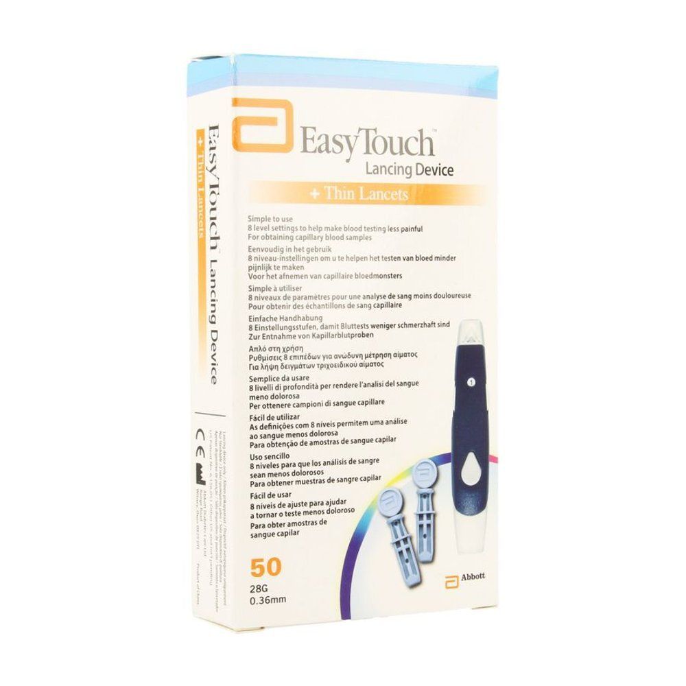 Witte doos met productinformatie en afbeeldingen. Bevat een zwart apparaat en twee blauwe lancetten. Merk: EasyTouch.