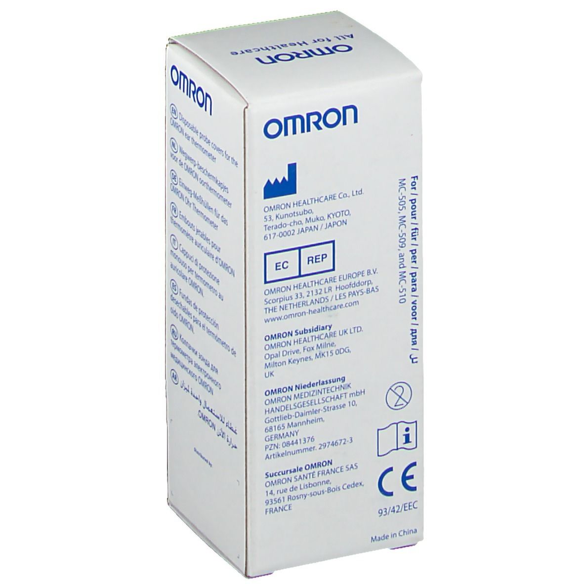 Witte OMRON-verpakking met logo, adresgegevens en CE-markering. Opschrift: MC-510, MC-509, MC-510.