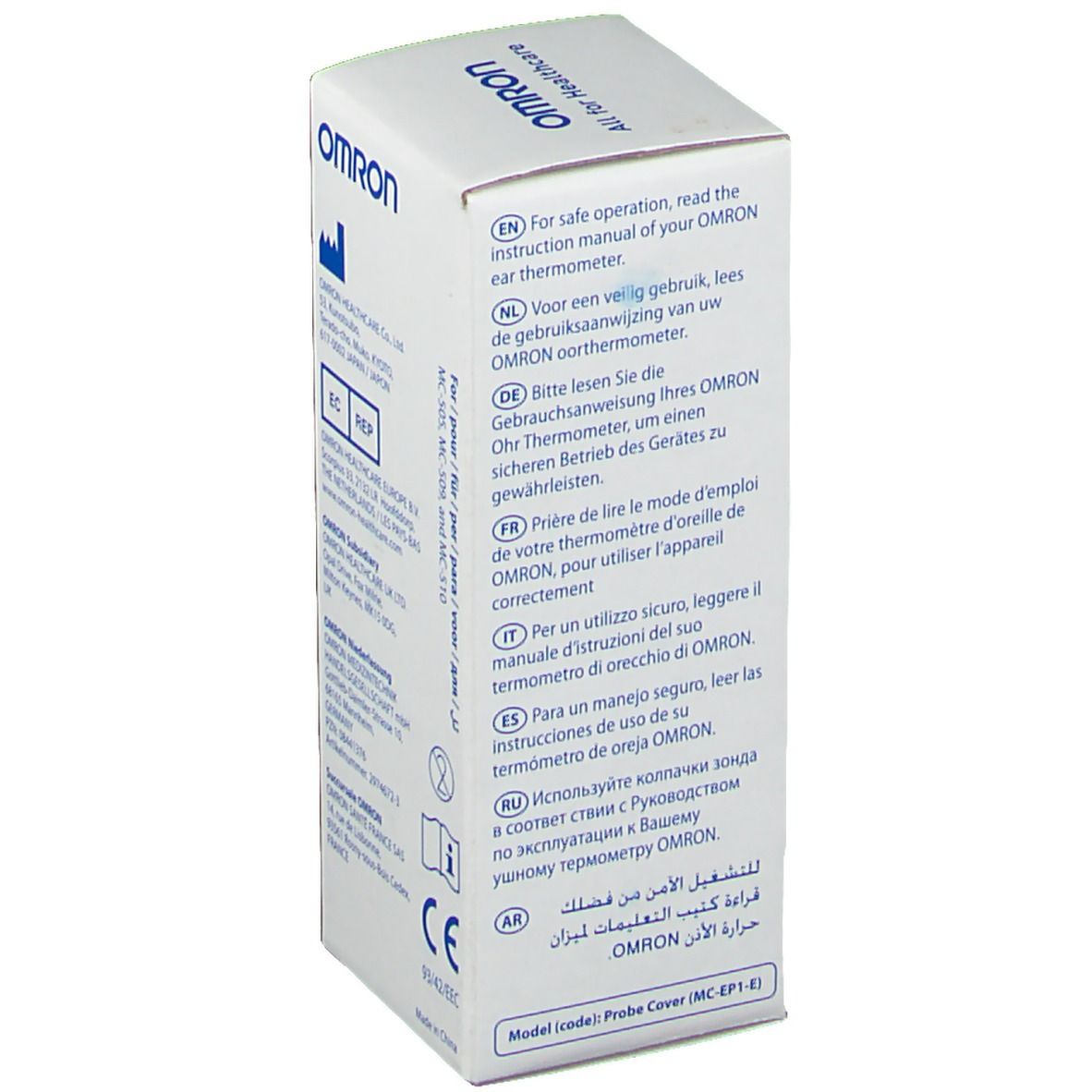 Witte OMRON-verpakking met meertalige tekst: gebruiksaanwijzing voor oorthermometer.