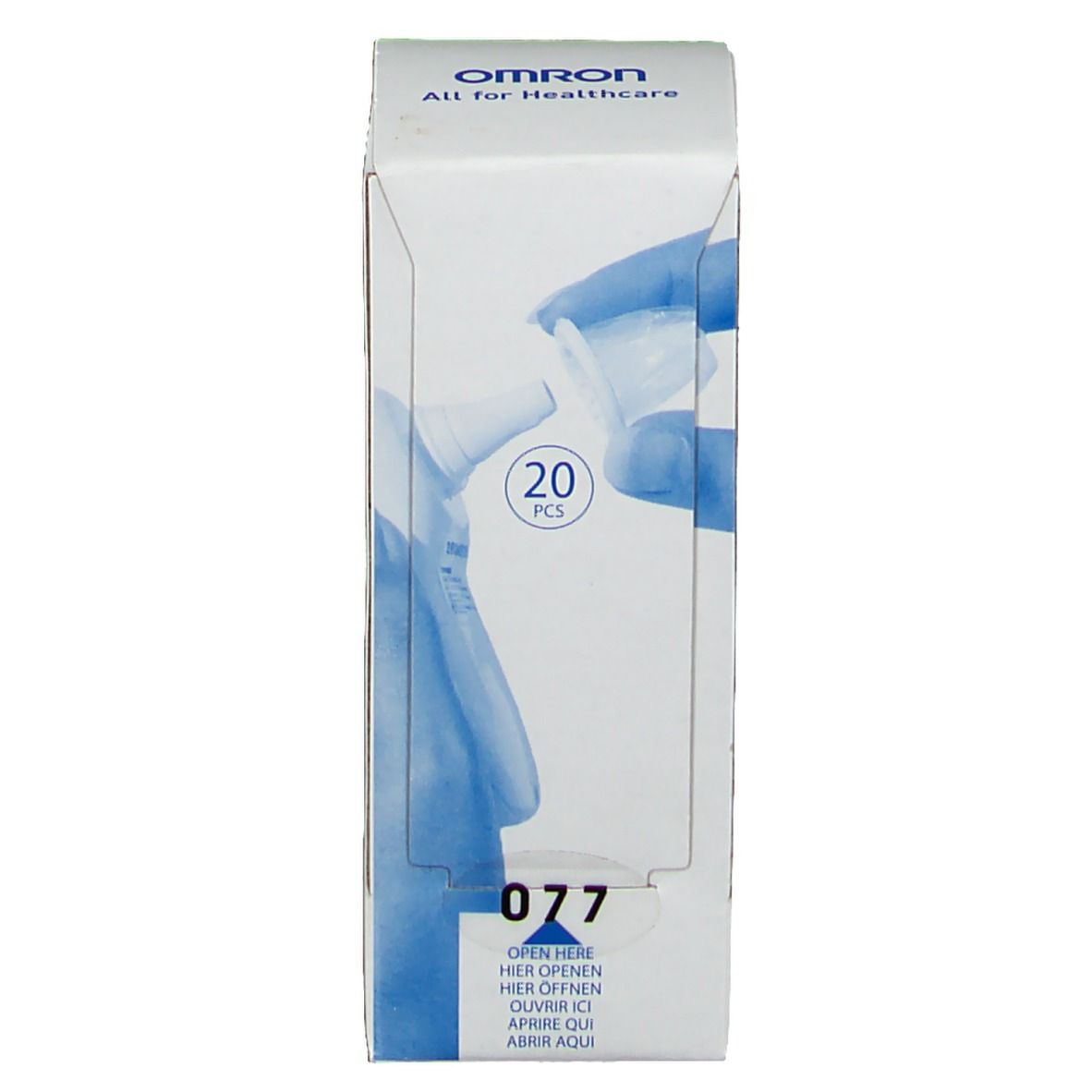 Witte OMRON-verpakking met afbeelding van oorthermometerhoezen. Bevat 20 stuks. Opschrift: 077.