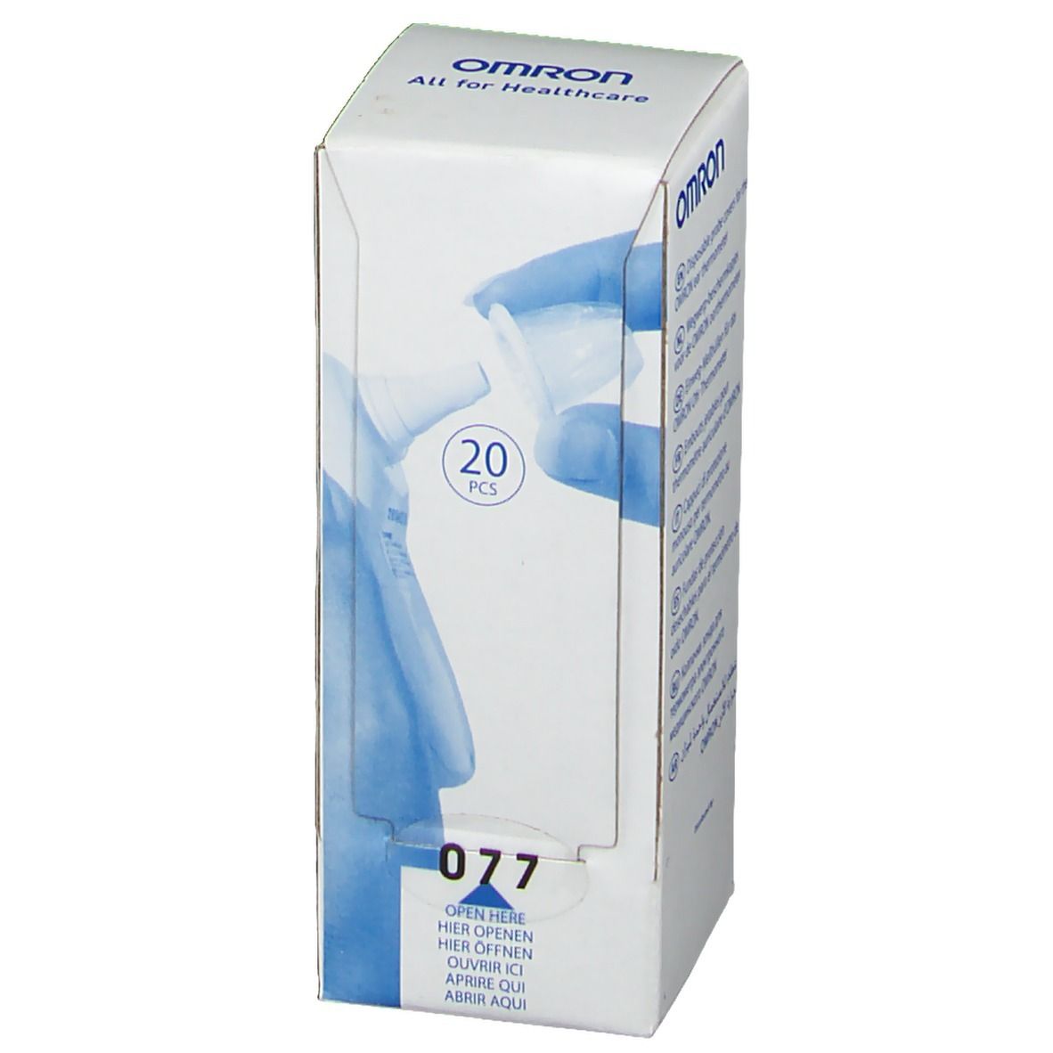 Witte OMRON-verpakking met afbeelding van oorthermometerhoezen. Bevat 20 stuks. Opschrift: 077.