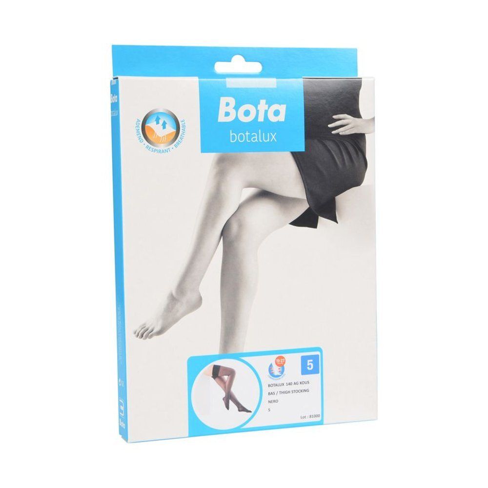 Verpakking van Bota Botalux kousen. Afbeelding van een vrouw met kousen. Productnaam en maat 5 zichtbaar.