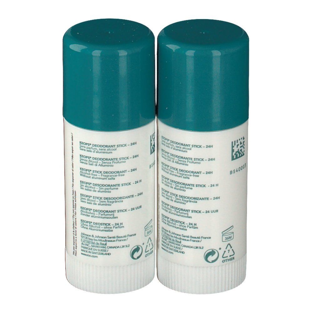 Deux sticks déodorants RoC Keops. Vue arrière. Texte: Keops Déodorant Stick, 24h, ingrédients, informations fabricant.