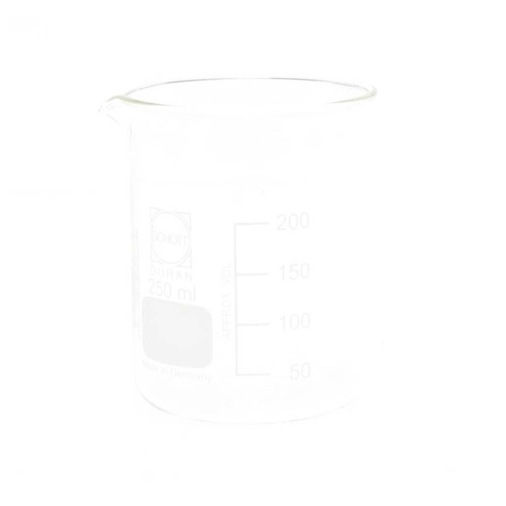 Glazen beker met maatschaal. Volume-aanduiding 250 ml. Met schenktuit. Opschrift: DURAN.