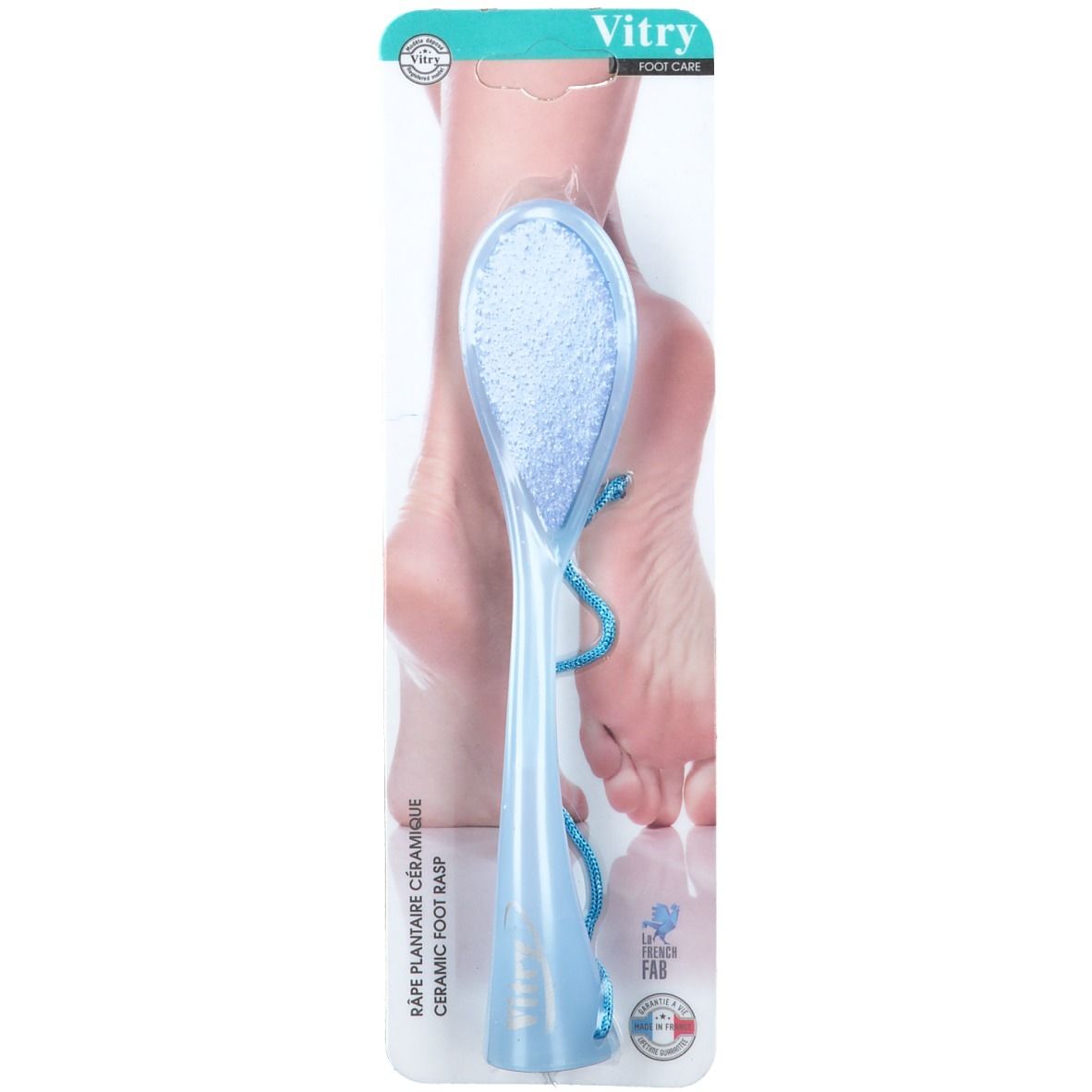 Râpe plantaire céramique bleue avec manche. Emballage avec nom du produit et illustration de pied.