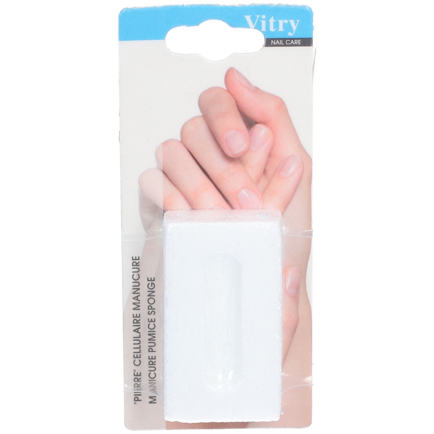 Vitry Cellular Stone manicure-pedicure, witte puimsteen, in verpakking. Hand op de achtergrond.