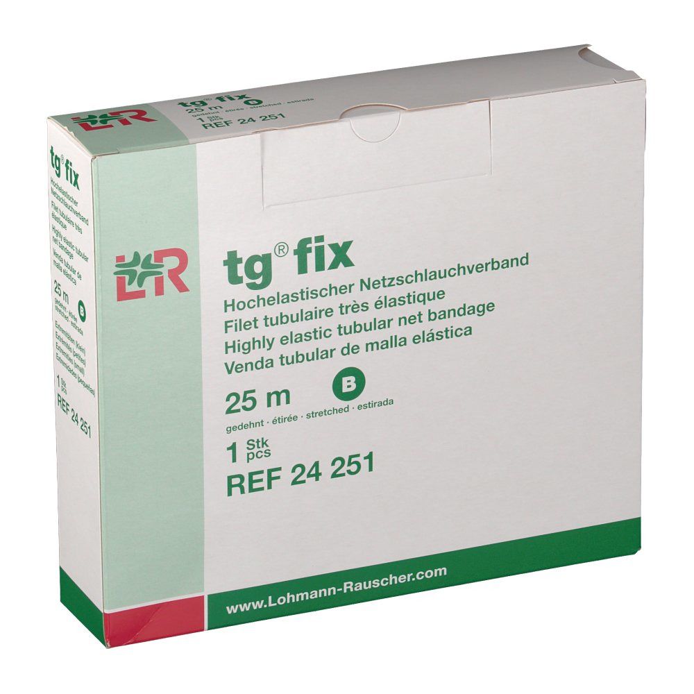 Boîte blanche avec texte tg® fix. Contient 25 m de bandage tubulaire élastique. Marque L&R.