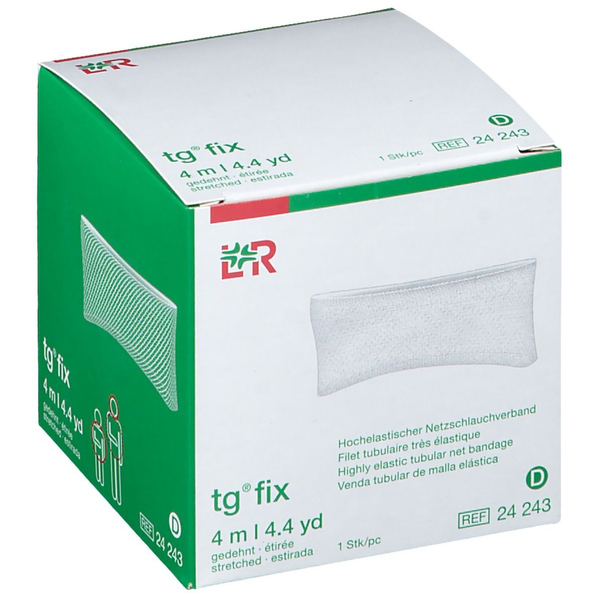 Bande tubulaire élastique blanche dans un emballage en carton blanc et vert. Nom du produit et marque visibles.